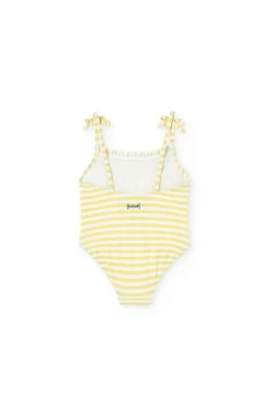 Costume da bagno in poliammide per bambina a righe gialle e bianche