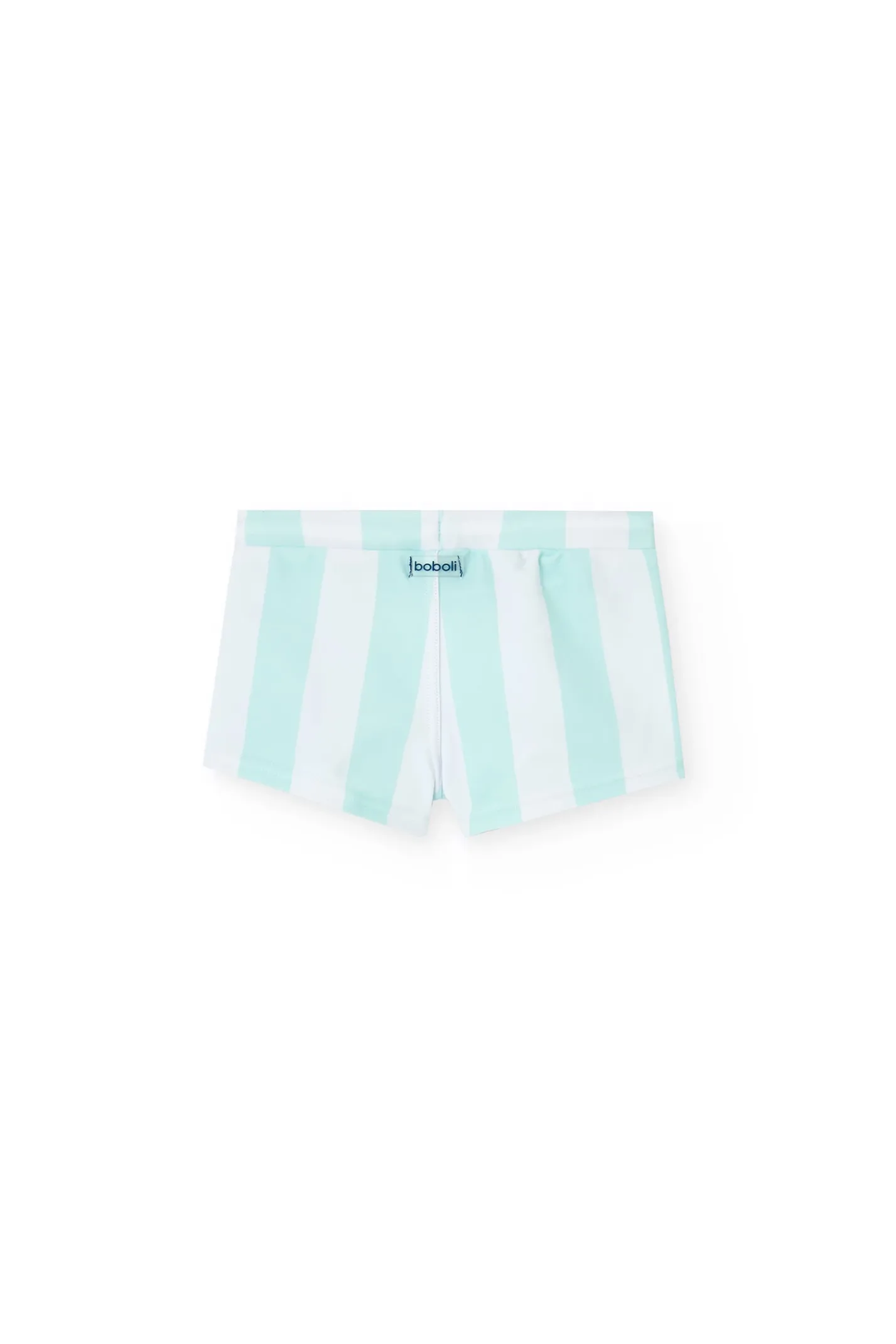 Costume da bagno in poliammide per bimbo con righe bianche e azzurro cielo.