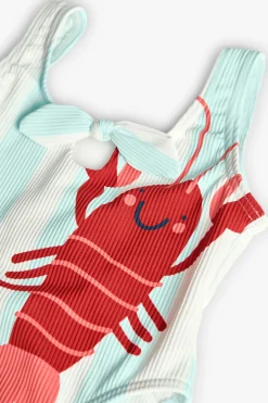 Costume da bagno in poliammide per bambina in colore verde acqua con design di aragosta.