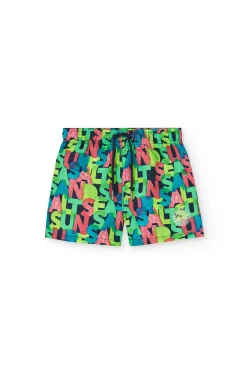 Costume da bagno in tessuto riciclato per bambino con stampa di lettere.