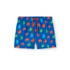 Costume da bagno in tessuto riciclato per bambino in blu con stampa di granchi.