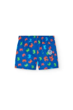 Costume da bagno in tessuto riciclato per bambino in blu con stampa di granchi.