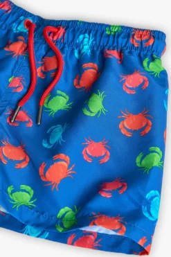 Costume da bagno in tessuto riciclato per bambino in blu con stampa di granchi.
