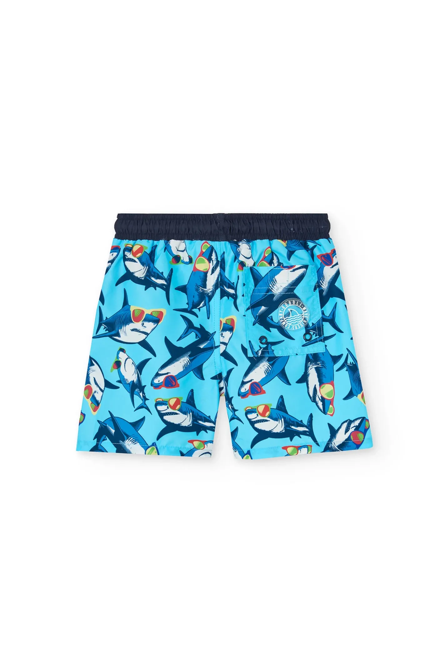Costume da bagno in tessuto riciclato per bambino in blu navy con design di squali.