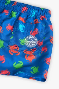 Costume da bagno in tessuto riciclato per bambino in blu con stampa di granchi.
