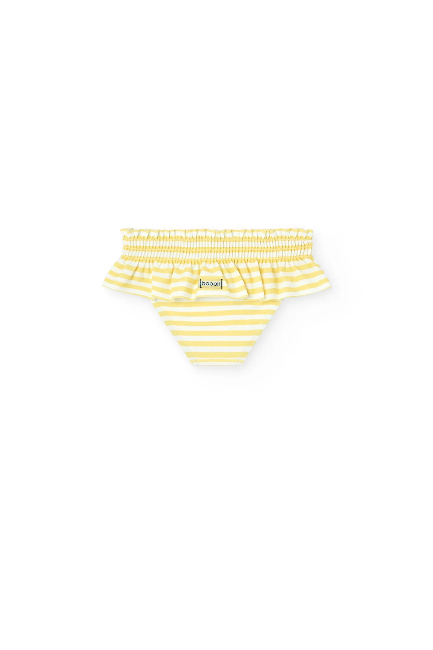 Costume slip in poliammide per neonata a righe gialle e bianche.