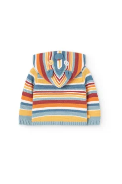 Giacca di maglia per neonati di colore giallo con design a righe.