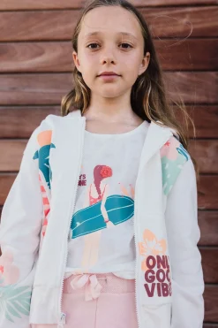 Giacca in maglia per bambina di colore bianco con cappuccio