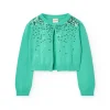 Giacca in maglia per bambina di colore verde con design brillante.