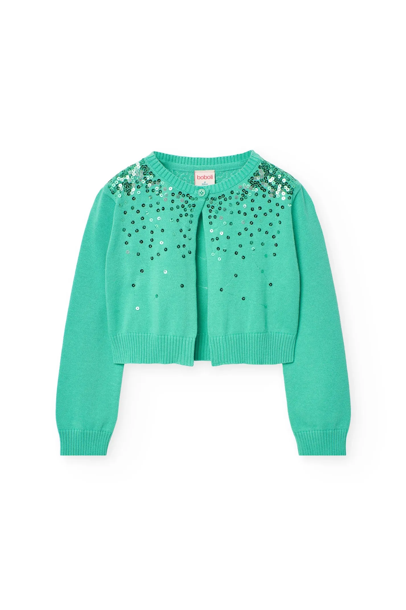 Giacca in maglia per bambina di colore verde con design brillante.