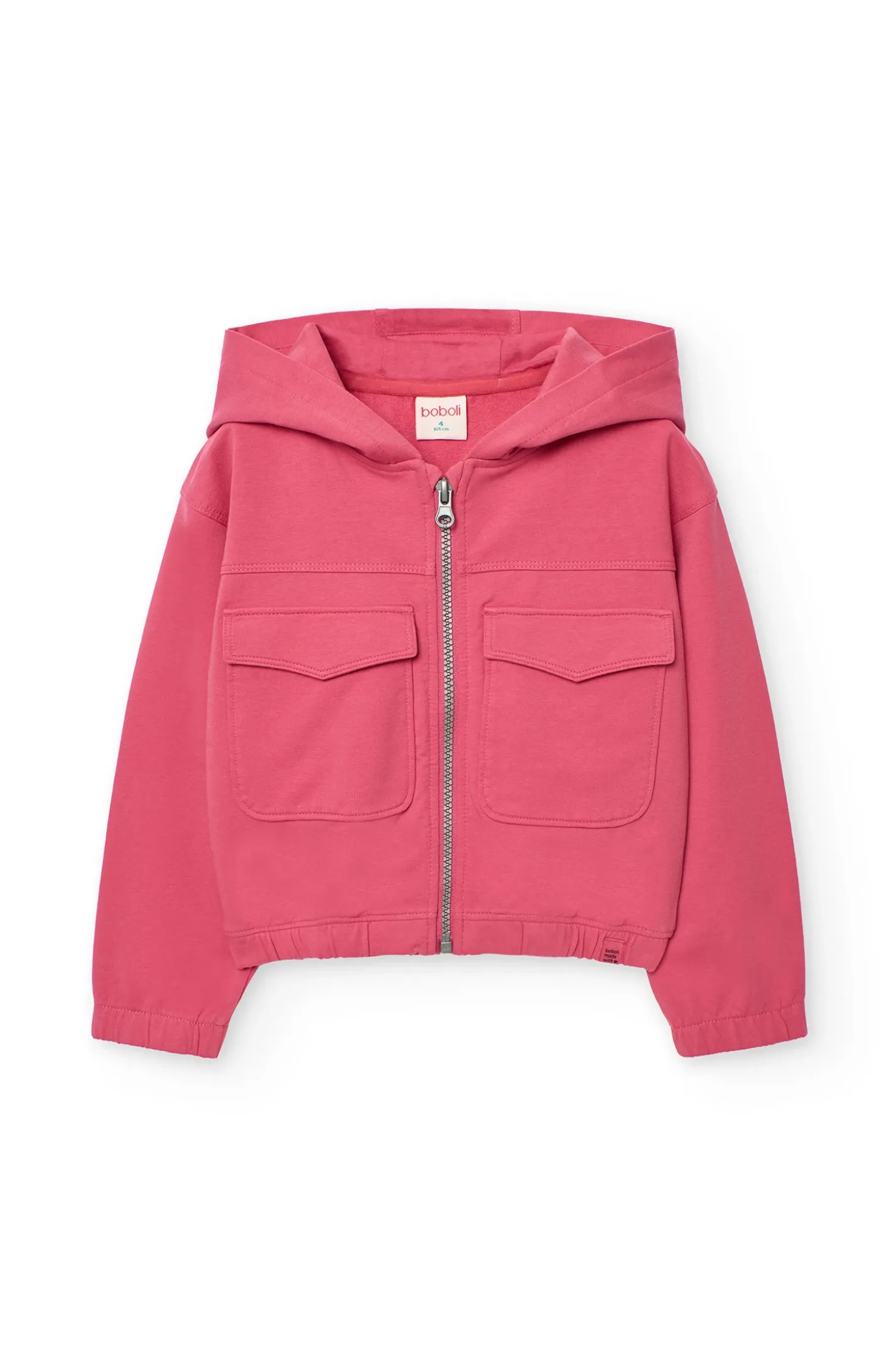 Giacca in pile con cappuccio per bambina color fragola.