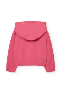 Giacca in pile con cappuccio per bambina color fragola.