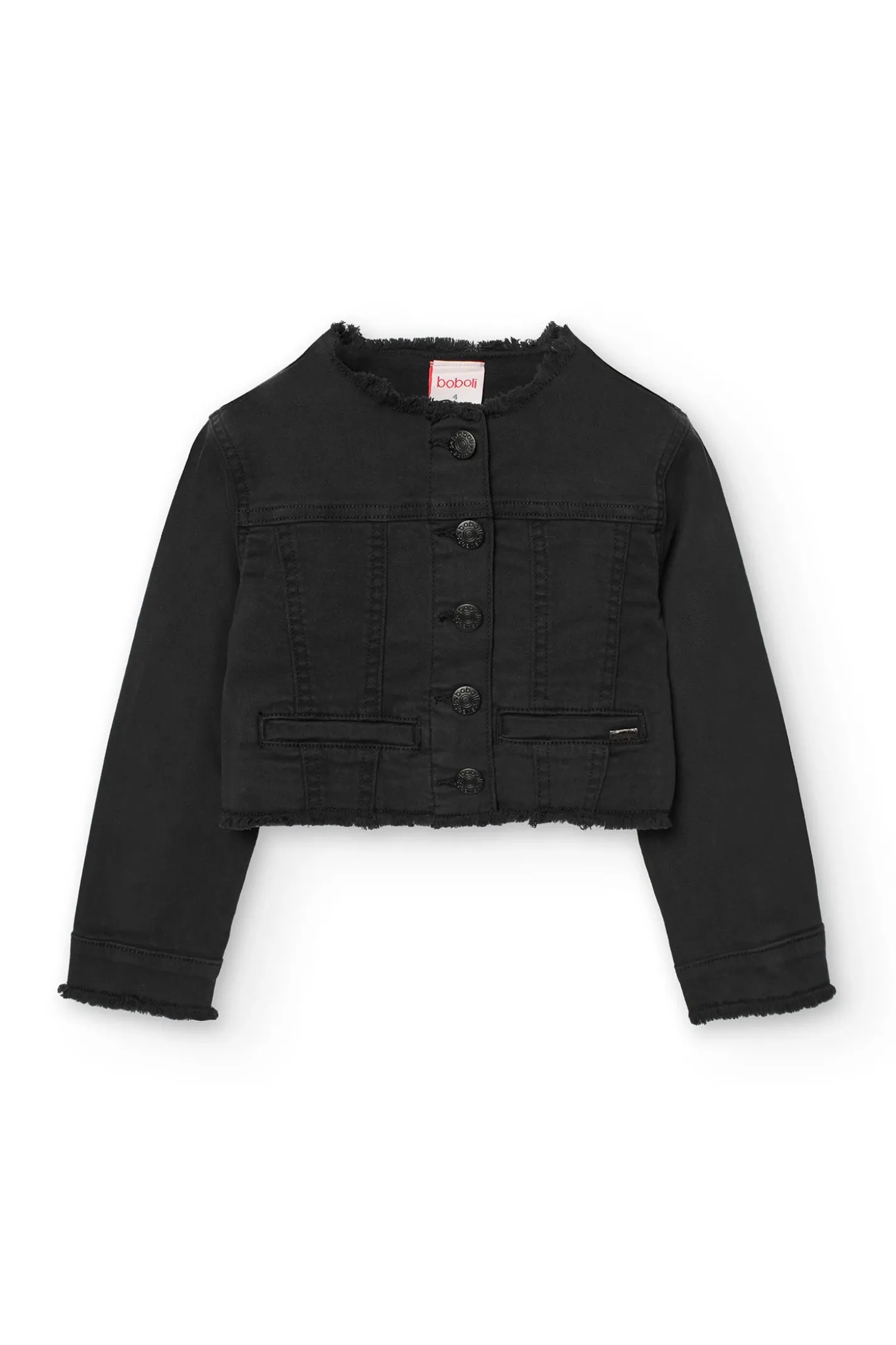 Giacca in tessuto twill elasticizzato per bambina di colore nero.