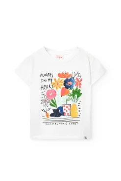 Maglietta a maglia per bambina in bianco con stampa floreale.