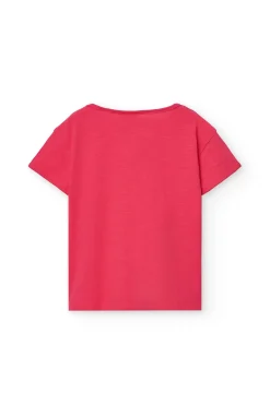 Maglietta a maglia per bambina in colore fragola con stampa