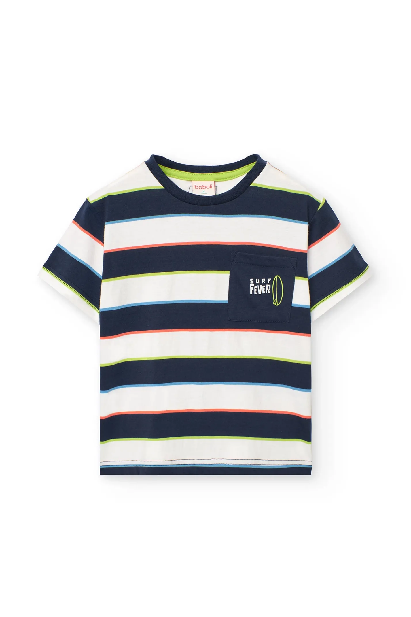 Maglietta a maglia per bambino con design a righe nei colori blu, verde e rosso.