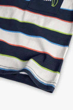 Maglietta a maglia per bambino con design a righe nei colori blu, verde e rosso.
