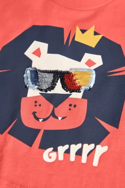 Maglietta a maglia per neonato di colore rosso con stampa di leone.