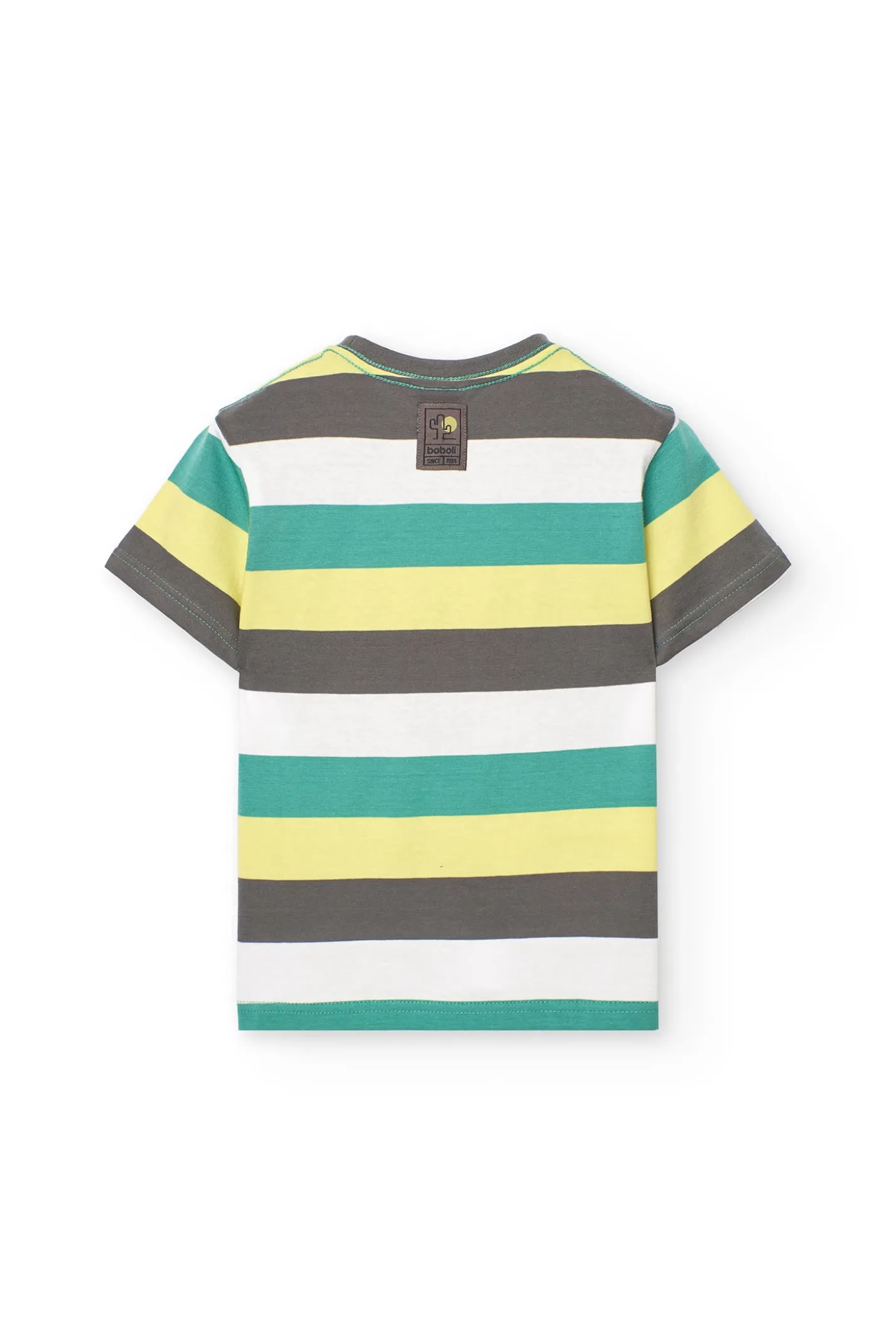 Maglietta a righe per bambino in colori verde, grigio e giallo.