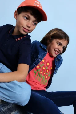 Maglietta elastica a maglia per bambina colore fragola