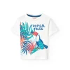 Maglietta in jersey per bebè maschio di colore bianco con stampa tropicale.