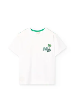 Maglietta in maglia per bambino bianca con design di leone surfista