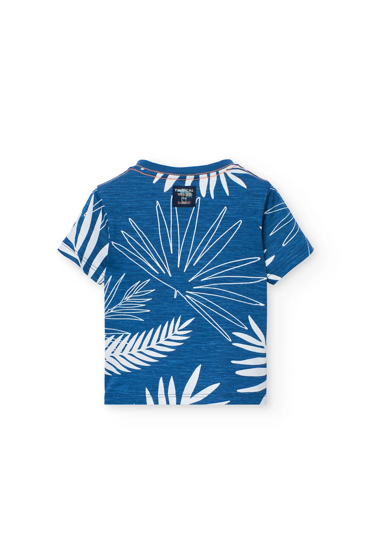 Maglietta in maglia per bambino di colore blu con design tropicale.