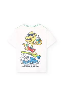 Maglietta in maglia per bambino bianca con design di leone surfista