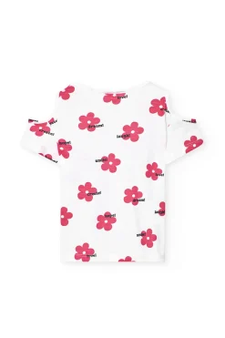 Maglietta in maglia per bambina di colore bianco con stampa floreale.