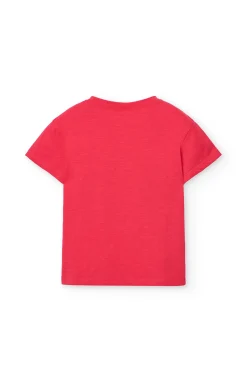 Maglietta in maglia per bambina di colore fragola con motivo floreale.