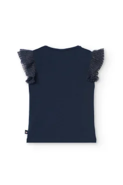 Maglietta lavorata a maglia per bambina con stampa floreale in colore blu navy.