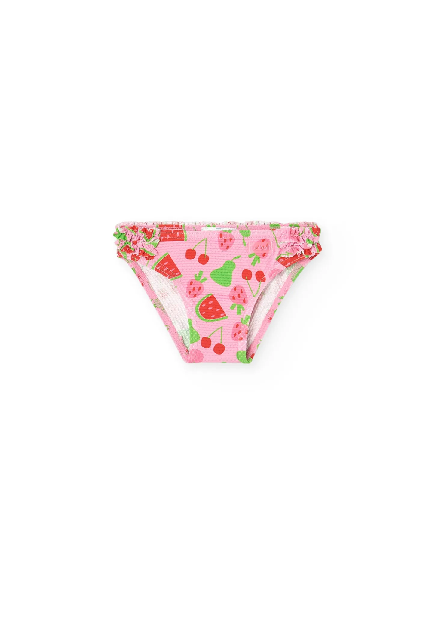 Mutandina da bagno in poliammide per bambina con stampa di frutta.