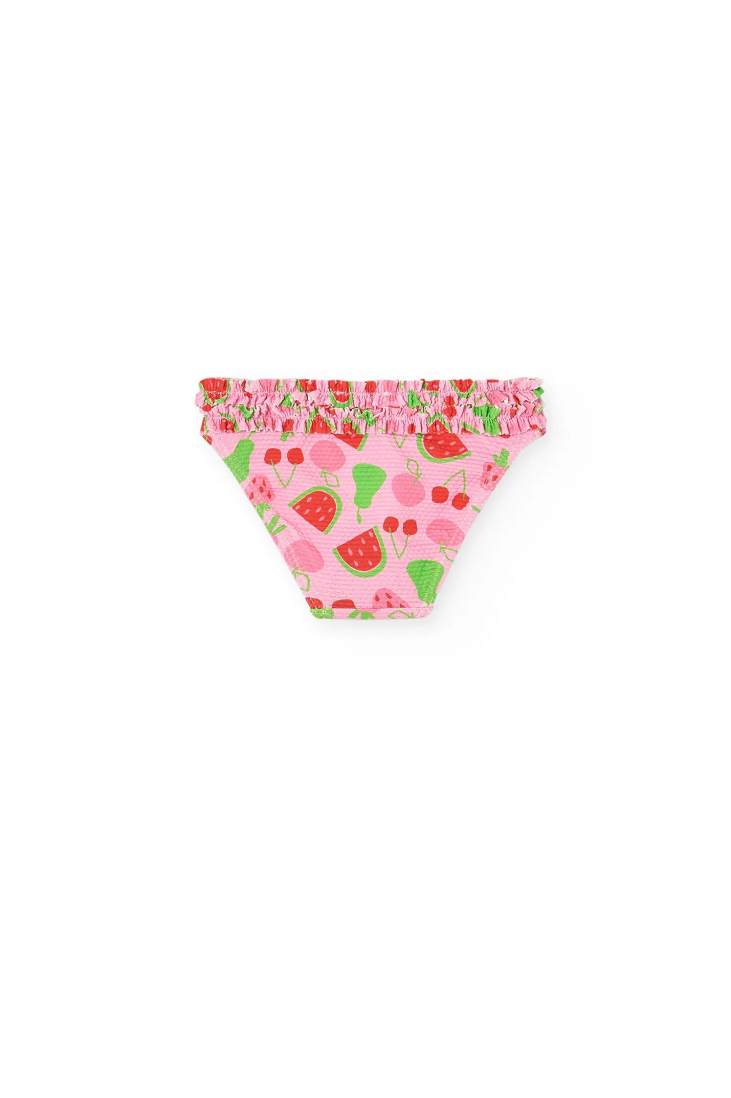 Mutandina da bagno in poliammide per bambina con stampa di frutta.