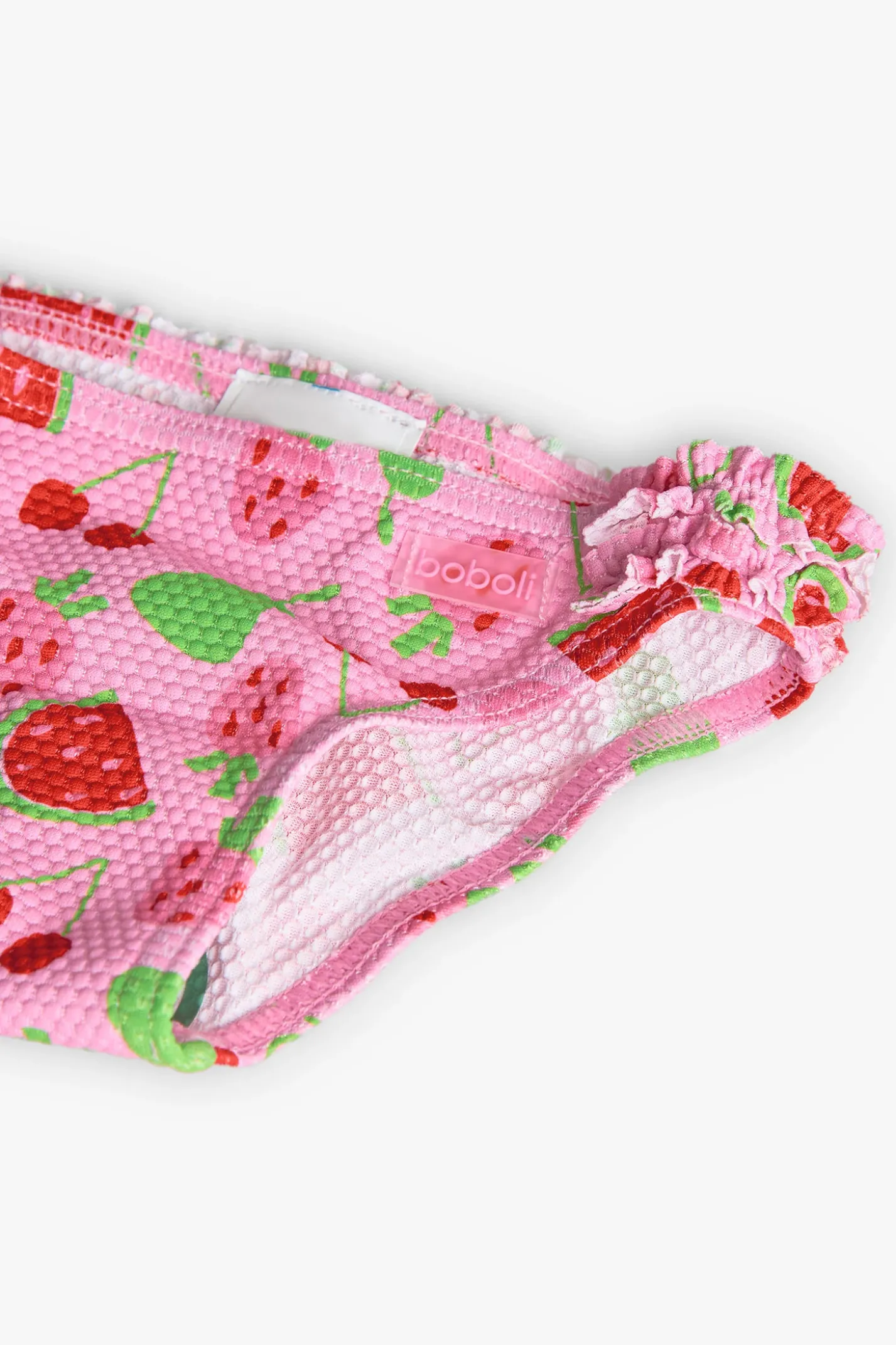 Mutandina da bagno in poliammide per bambina con stampa di frutta.