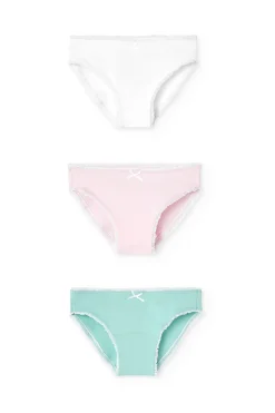 Pacco da 3 mutandine in maglia per bambina nei colori verde, rosa e bianco.