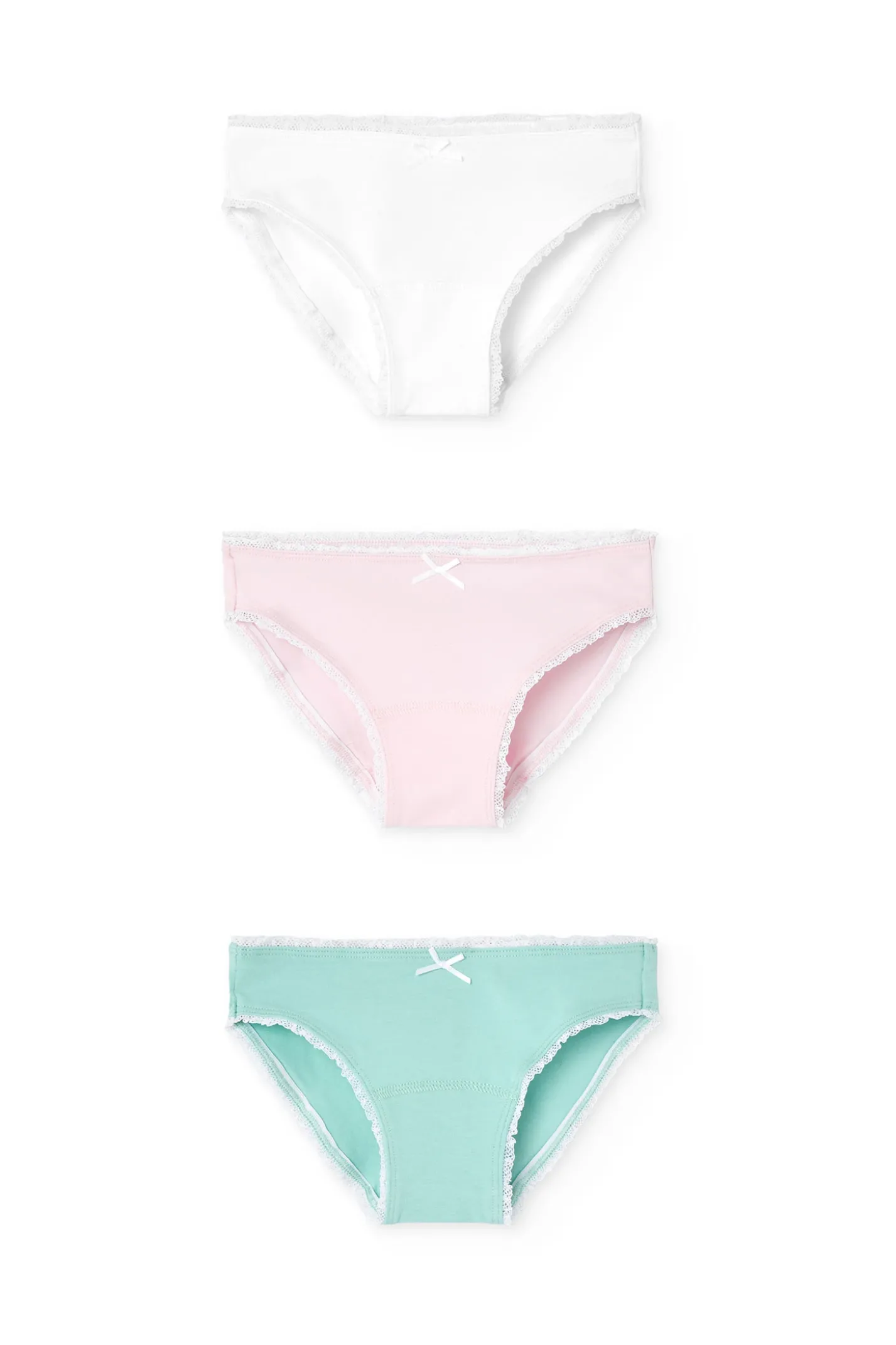 Pacco da 3 mutandine in maglia per bambina nei colori verde, rosa e bianco.