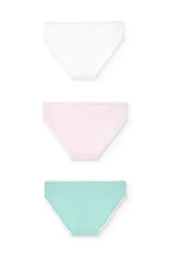 Pacco da 3 mutandine in maglia per bambina nei colori verde, rosa e bianco.