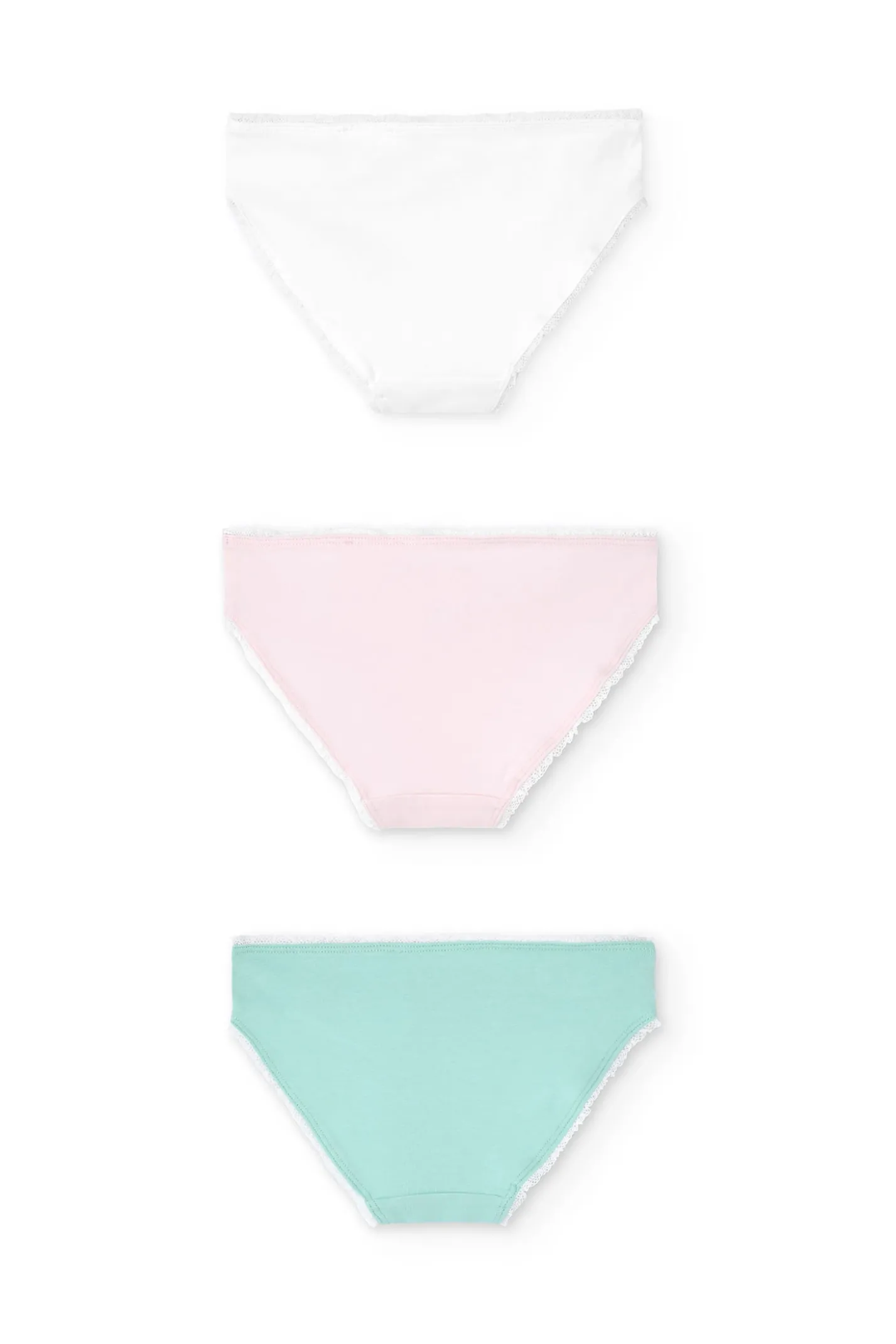 Pacco da 3 mutandine in maglia per bambina nei colori verde, rosa e bianco.