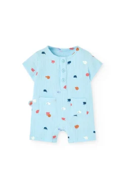 Pagliaccetto blu chiaro in maglia piatta per bambino con motivo stampato