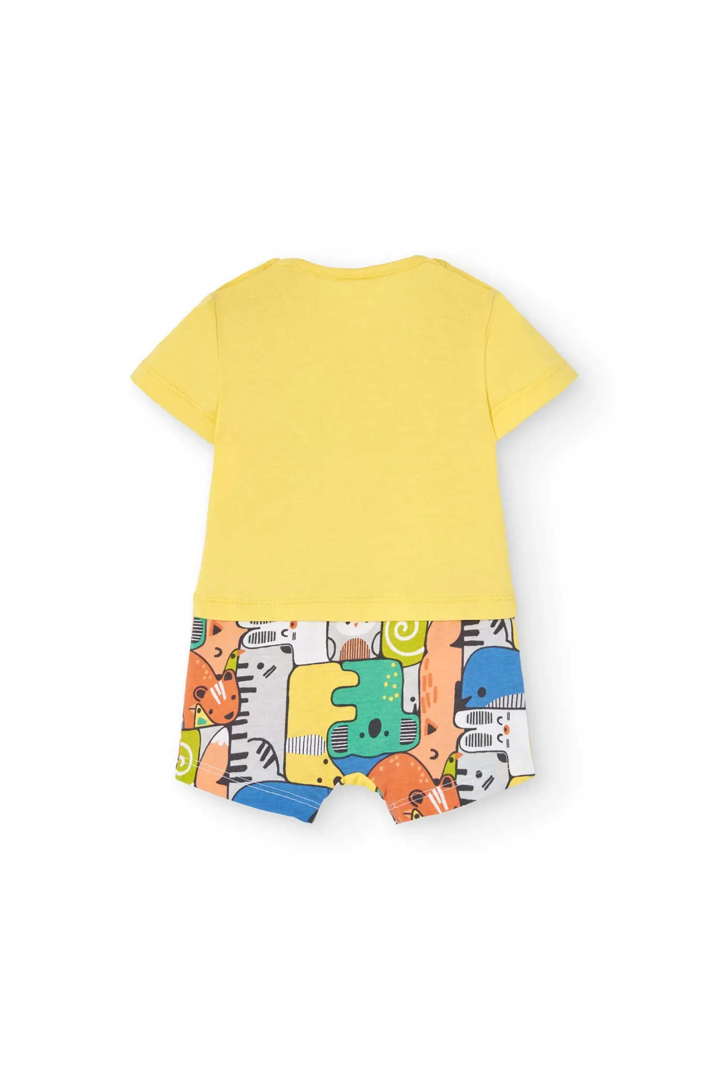 Pagliaccetto corto a maglia per neonato di colore giallo.