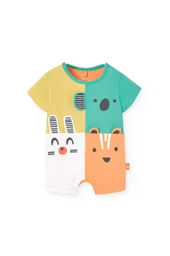 Pagliaccetto corto in maglia per neonato di colore salmone.