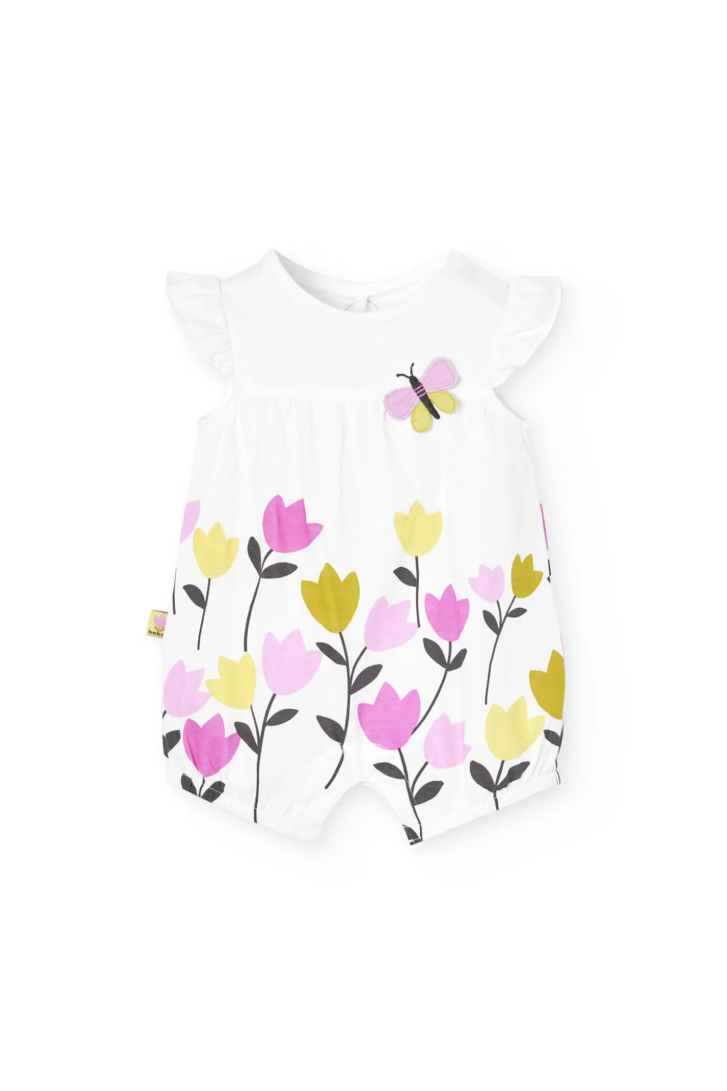 Pagliaccetto in maglia per bambina con stampa floreale in bianco.
