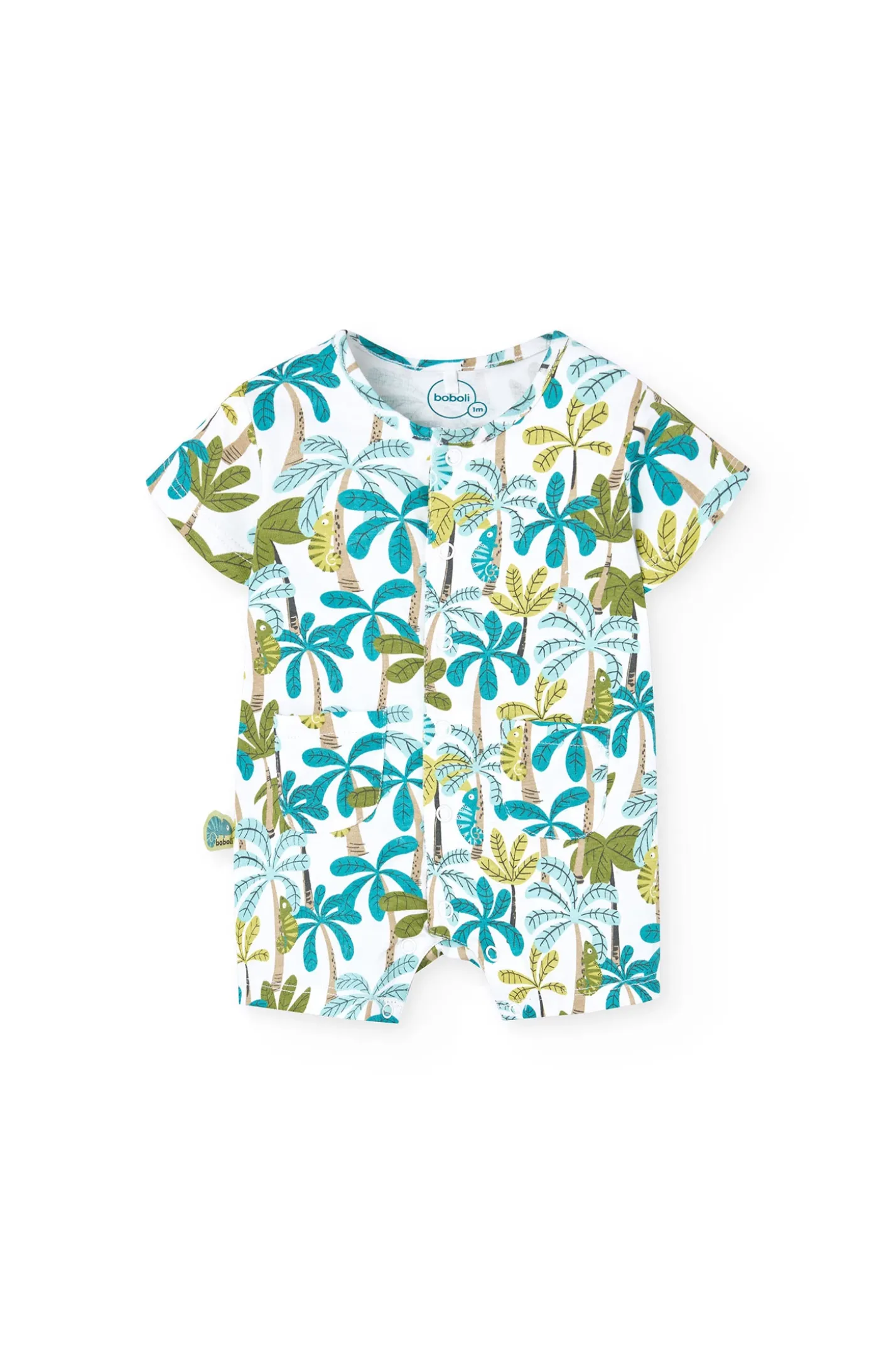 Pagliaccetto in maglia per neonato in colore blu e verde con stampa di palme.