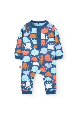 Pagliaccetto in maglia per neonato di colore blu con stampa