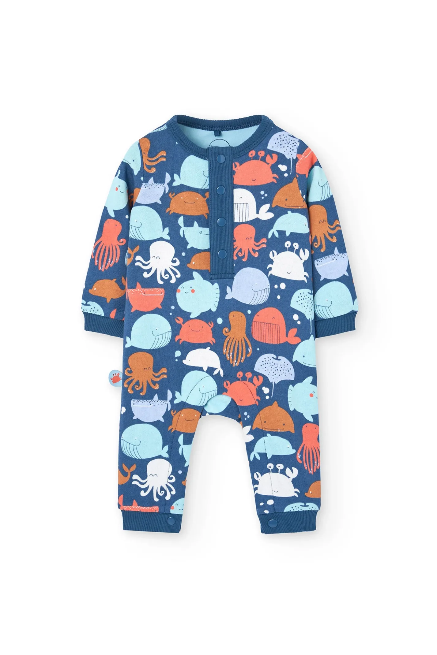 Pagliaccetto in maglia per neonato di colore blu con stampa