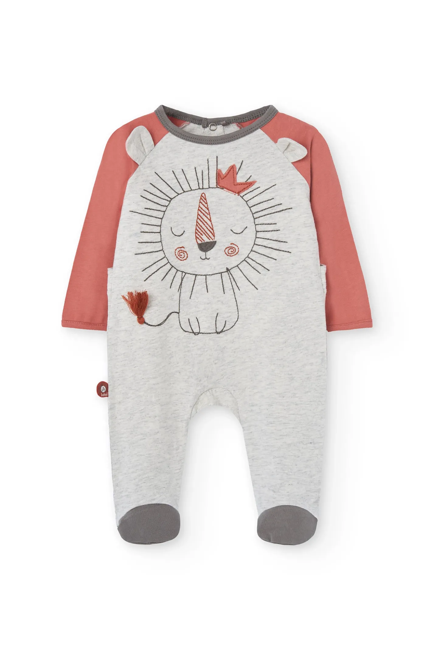 Pagliaccetto in maglia per bebé color panna con stampa di leone.