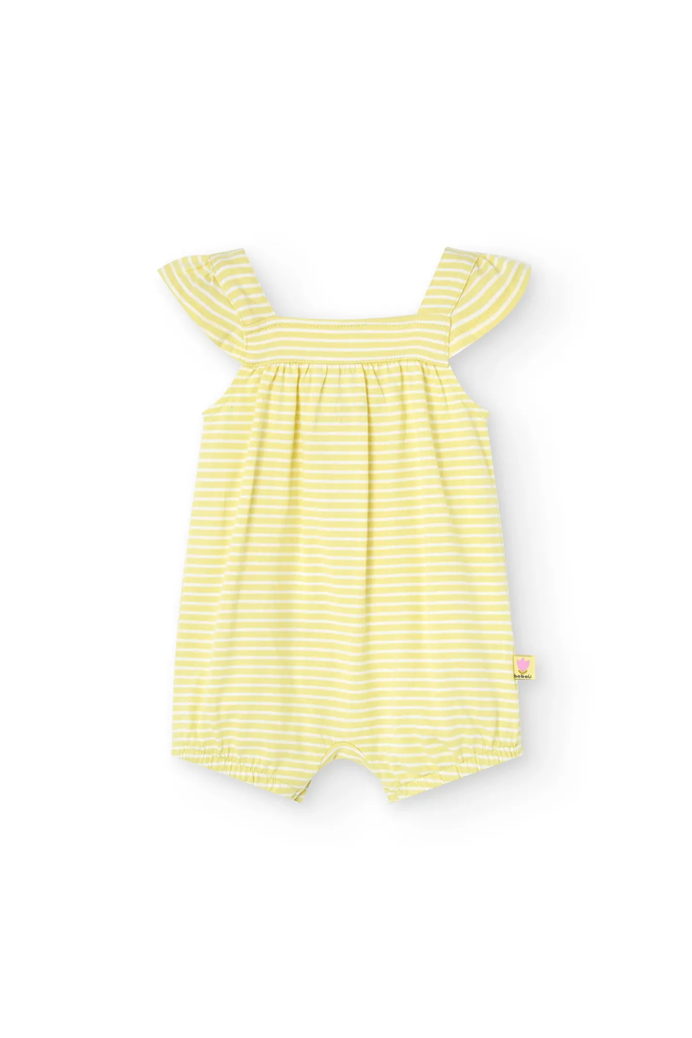 Pagliaccetto in maglia per bambina in colore giallo a righe con motivo floreale.