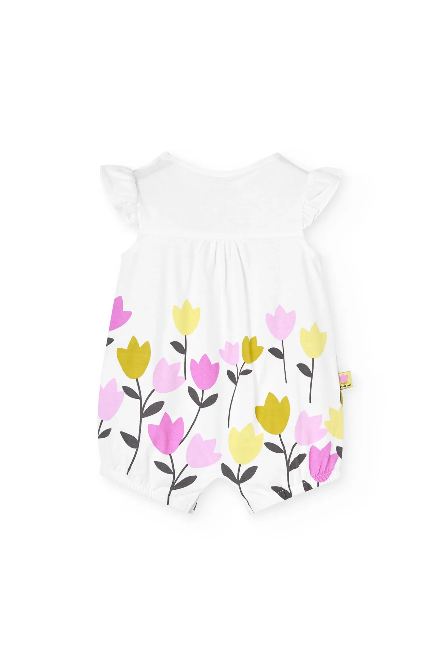 Pagliaccetto in maglia per bambina con stampa floreale in bianco.