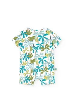 Pagliaccetto in maglia per neonato in colore blu e verde con stampa di palme.