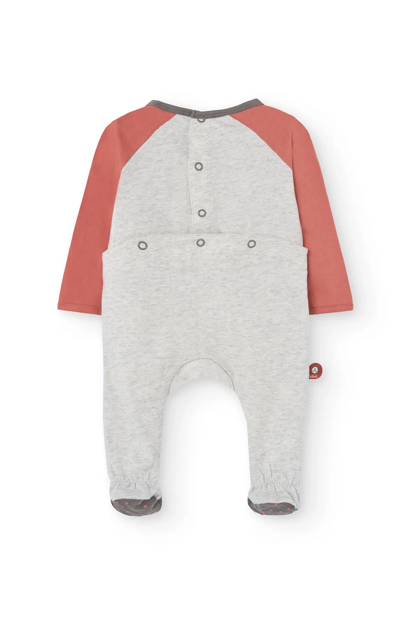 Pagliaccetto in maglia per bebé color panna con stampa di leone.
